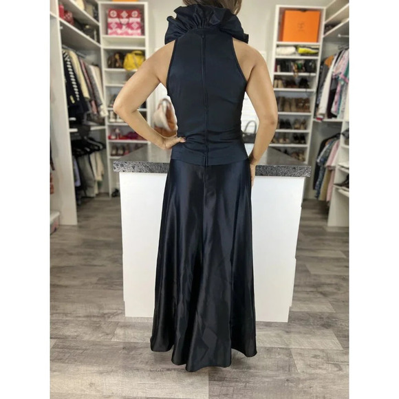 Tadashi Black Satin Ruffle High Collar Maxi Dress $495 - Picture 7 of 12